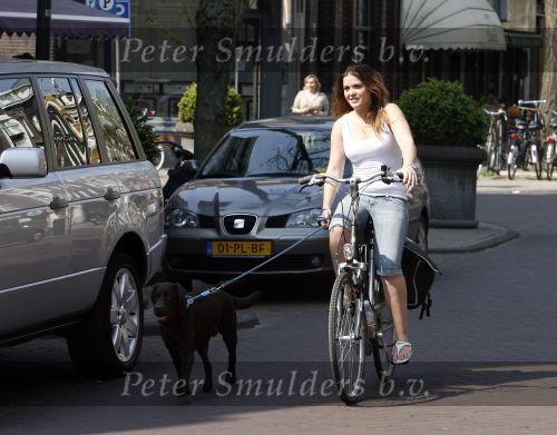 Amsterdam 16 april 2007
John  Heitinga met vriendin en honden op de fiets op de cornelis schuytstraat.
