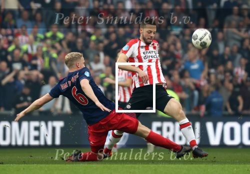 Eindhoven, 15 April 2018
PSV-AJAX, eindstand 3-0 en Landskampioen Seizoen 2017-2018
Bart Ramselaar en Donny v d Beek in duel