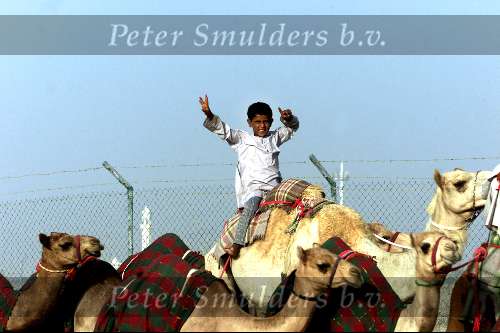 Dubai 8 mei 2001
Kamelendrijvers kamelenraces Erg jonge Kamelenjockeys ( v.a. 7 jaar) voor het rijden van wedstrijden en vooral het gokken voor de ouderen