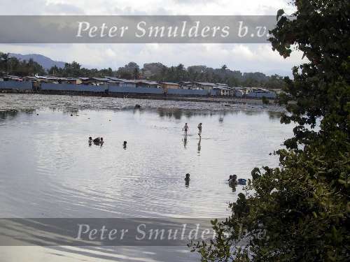 zondag 30 juli 2000
op weg van Rasa Ria Golf & Beach Resort naar ded Bongowan Country Lounge op Sabah (Maleisie).
Krottenwijken
Moeder met kinderen proberen vis te vangen bij laag water