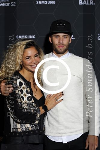 Amsterdam 29 oktober 2015 
Presentatie nieuwe samsung smart watch in samenwerking met BALR. in the harbour club.
Fajah Lourens met vriend