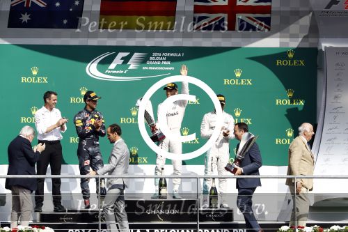 Francorchamps Spa 27 augustus 2016
F1 GP Spa Francorchamps. Daniel Ricciardo Lewis Hamilton en Nico Rosberg