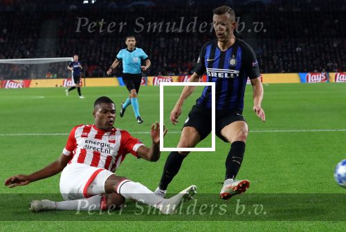 Eindhoven, 3 Oktober 2018 2e wedstrijd CL Seizoen 2018-2019
PSV-Internazionale Milan, eindstand 1-2
Denzel Dumfries en Ivan Perisic