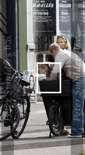 Amsterdam 8 oktober 2024
Davy Klaassen en zijn zwangere vrouw Laura Klaassen-Benschop  op de fiets in Amsterdam . Voorop zijn fiets in de speciale bak zit hun hond Bulldog Rio