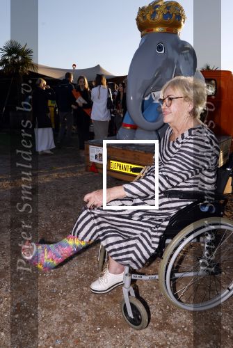 Hilversum 4 oktober 2024
Feestje Nicole des Bouvrie op de sterfdag van haar vader Jan des Bouvrie . Viola Holt in rolstoel met gebroken been