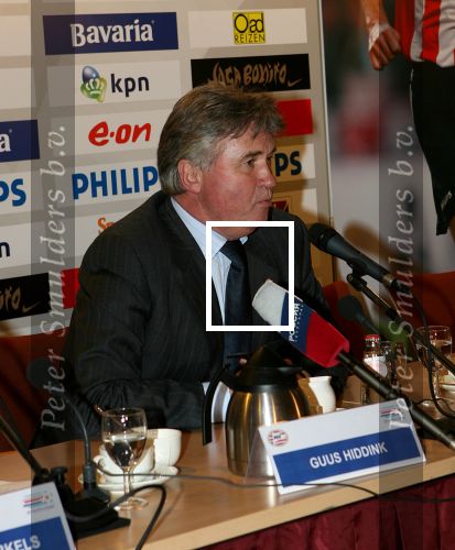 Eindhoven, 12 April 2006 Kompetitiewedstrijd PSV-Feyenoord, eindstand 1-1    Seizoen 2005/2006
Guus Hiddink tijdens zijn laatste persconferentie in eigen stadion