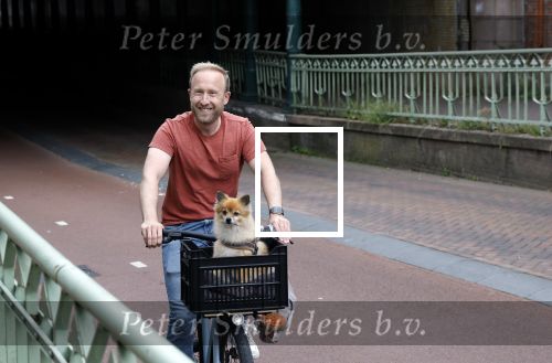 Haarlem 31 augustus 2025
Raymond Mens met hondje op de fiets in het centrum van Haarlem .