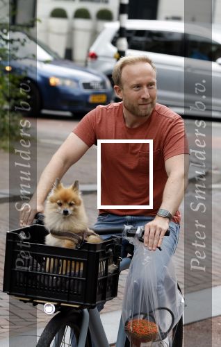 Haarlem 31 augustus 2025
Raymond Mens met hondje op de fiets in het centrum van Haarlem .