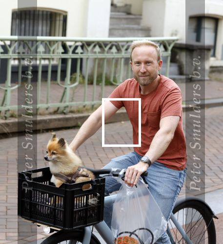 Haarlem 31 augustus 2025
Raymond Mens met hondje op de fiets in het centrum van Haarlem .
