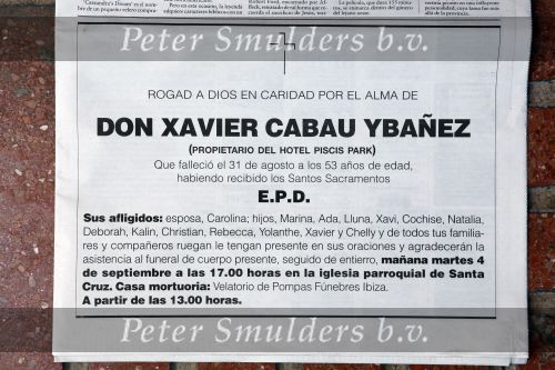 Ibiza 3 september 2007
Advertentie in de krant van de vader van Yolanthe Cabau v Kasbergen, Xavier Cabau.