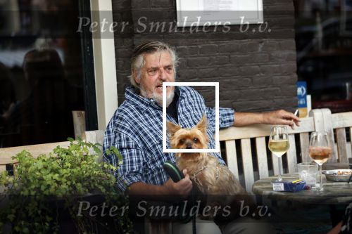 Amsterdam 23 augustus 2020
Hans v d Togt met een hondje op terras