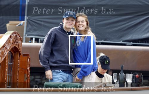 Amsterdam 22 augustus 2025
Prins Constantijn Prins Laurentien Prinses Eloise en Prins Claus Cazimir op de groene Draeck tijdens Sail Amsterdam 2025.