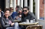 Amsterdam 15 april 2013
Joelle Gullit met vriendje op terras bij joffers en op vespa scooter.
Peter Smulders bv