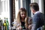 Amsterdam 17 maart 2016.
Georgina Verbaan en Patrick Martens op terras in Amsterdam.