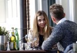 Amsterdam 17 maart 2016.
Georgina Verbaan en Patrick Martens op terras in Amsterdam.