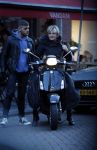 Amsterdam 14 maart 2018 
Caroline Tensen met zoon Bob Wisse en haar hondje op de vespa scooter