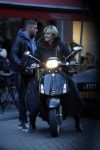 Amsterdam 14 maart 2018 
Caroline Tensen met zoon Bob Wisse en haar hondje op de vespa scooter