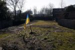 Amsterdam 10 maart 2022
Op het stuk bouwgrond van Ave Maria Putin en haar man is een Oekrainse vlag en een hart van lichtjes geplaatst