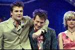 Hilversum 3 april 2004
Finale Idols in studio 22.
Tooske Breugem met Reinout Oerlemans en Eric  Idols