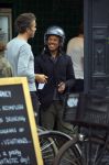 Amsterdam 14 augustus 2015  
Edgar Davids op zijn old timer motor in amsterdam zuid. Motor heeft de naam Pitbull