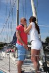 Sneek, 2 Augustus 2015
Rintje Ritsma met zijn vriendin Youandi Mazeland en haar zoon Clemens
met hun boot de Bluefin
