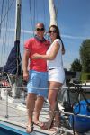 Sneek, 2 Augustus 2015
Rintje Ritsma met zijn vriendin Youandi Mazeland en haar zoon Clemens
met hun boot de Bluefin