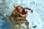ibiza 27 juli 2015
Sylvie Meis Damian v d Vaart en vriend Momo in het zwembad van Las Boas op ibiza aan de haven