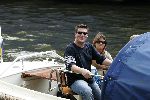 Amsterdam 1 augustus 2004
Martijn Krabbe met Amanda (zwanger) en Bikkel op sloep varen  in de grachten van Amsterdam