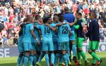 Eindhoven, 18 September 2016 PSV-Feyenoord, eindstand 0-1 Kompetitie Seizoen 2016-2017.
Blijdschap bij Feyenoord na de overwining van 0-1 o.a. Dirk Kuyt Rick Karsdorp  Erik Bottegin Bial Basacikoglu