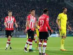 Eindhoven, 6 December 2016 Laatse groepswedstrijd in de Champions League Seizoen 2016/2017 PSV-FC Rostov, eindstand 0-0 en uitschakeling voor het gehele Europese Voetbal.
Steven Bergwijn Hector Moreno Daniel Schwaab