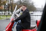 Amsterdam 21 november 2017 
Martijn Krabbe op zijn rode vespa scooter in Amsterdam zuid