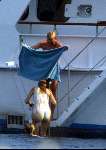 Porto Ercole 6 augustus 2003
Prinses Maxima in badpak  en Prins Willem Alexander in zwembroek op de jumbo VI