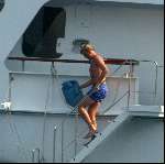 Porto Ercole 6 augustus 2003
Prins Willem Alexander in zwembroek op de jumbo VI