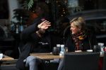 Amsterdam 2 januari 2019
Caroline Tensen op terras met haar zoon Bob Wisse . Bob verbergtzich achter petje en zijn hand,