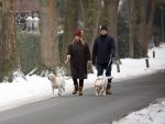 Huizen 11 januari 2026
Linda de Mol en haar partner Jeroen Rietbergen laten in een koud Huizen hun twee honden uit . Ze zijn beide warm aangekleed .