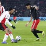 Eindhoven, 28 Januari 2026
Laatste wedstrijd in voorronde Champions League
PSV-Bayern Munchen, eindstand 1-2
Luis Diaz in duel met Sergino Dest