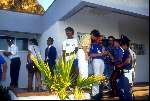Henk Mees, Frits Barend, Frank Rijkaard tijdens een traing Wereldkampioenschap in Italie 1990 in Sicilie