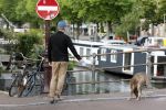 Amsterdam 5 juni 2025
Thijs Romer met petje op laat zijn hond uit in het centrum van Amsterdam.