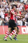 Eindhoven, 23 September 2007 Seizoen 2007/2008 Kompetitewedstrijd PSV-Feyenoord, eindstand 4-0
Danny Koevermans is blij met zijn doelpunt (4-0) met Tommy v d Leegte