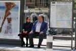 Amsterdam 21 mei 2015  
Schrijver A.F.T. v d Heijden of Adri v d Heijden met zijn vrouw wachtend op de tram.