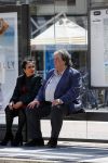 Amsterdam 21 mei 2015  
Schrijver A.F.T. v d Heijden of Adri v d Heijden met zijn vrouw wachtend op de tram.