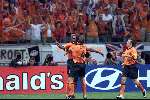 Amsterdam 21 juni 2000 euro 2000
Nederland-Frankrijk 3-2
Patrick Kluivert blij na de 1-1
Europees Kampioenschap Voetbal 2000