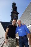 Amsterdam 15 april 2015
Dave en Dries Roelvink metselen een steen met daarop hun naam in de Westertoren. Dave heeft een tatoo van de westertoren op zijn arm staan.