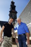 Amsterdam 15 april 2015
Dave en Dries Roelvink metselen een steen met daarop hun naam in de Westertoren. Dave heeft een tatoo van de westertoren op zijn arm staan.