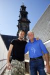 Amsterdam 15 april 2015
Dave en Dries Roelvink metselen een steen met daarop hun naam in de Westertoren. Dave heeft een tatoo van de westertoren op zijn arm staan.