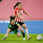 (L-R) *Julia Kagie* of ADO Den Haag Women, *Kayleigh van Dooren* of PSV Women