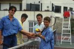 Knokke, 14 Augustus 1986 Danny de Munk met zijn vader, Joop de Munk, Sylvia v d Akker en......