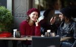 Amsterdam 9 november 2017
Fockeline Ouwerkerk met haar stylist Tommie Driessen op terras