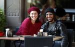 Amsterdam 9 november 2017
Fockeline Ouwerkerk met haar stylist Tommie Driessen op terras