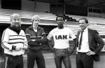 Eindhoven; 8 Augustus 1985; v.l.n.r. Jo Jansen; Adrie Koster; Sixto Rovina(tijdens een wedstrijd met FC Groningen 2 tijdens een uigoot stort hij neer en overlijdt op 7 Februari 1989 en Manager Pleun Strik